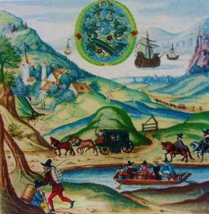 Bild 1 - Reisen zu Fuss, mit Pferdekraft und zu Schiff. Illustration aus Koelner, Paul: Die Basler Rheinschifffahrt vom Mittelalter zur Neuzeit, Basel, 1954, S. 49.
